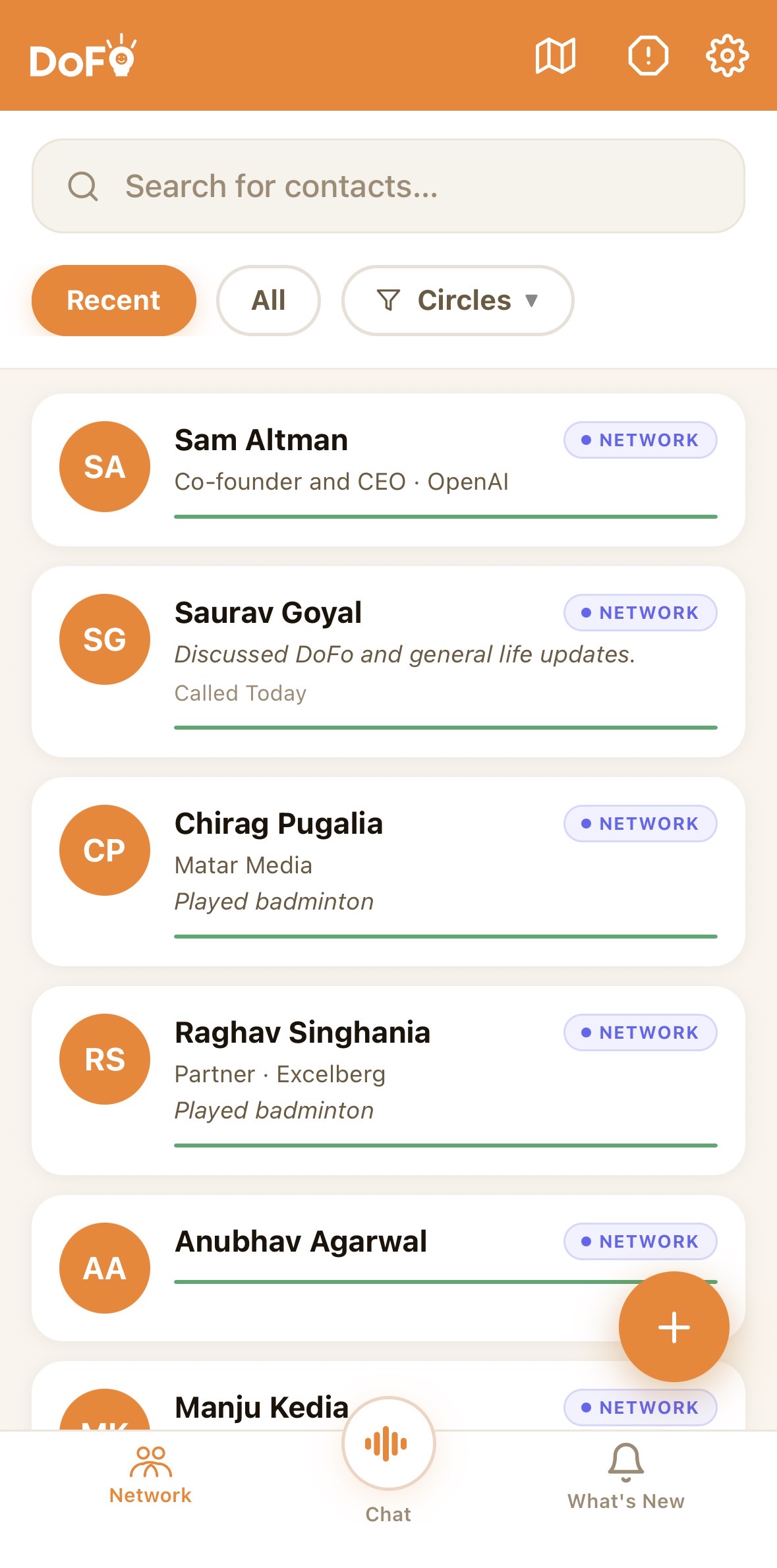 DoFo contacts screen